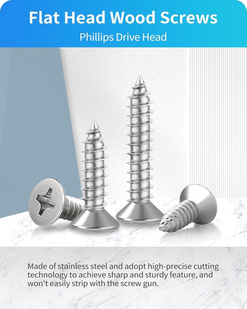 DIVANC 550Pcs 304 Stainless Steel Wood Screws Assortment Kit, Phillips Flat Head Sheet Metal Screw Self Tapping Screws Set, #4#6#8#10#12 Wood Assorted Screws, Length 1/4" to 1-1/2" (Flat Head 550PCS) - Image 3